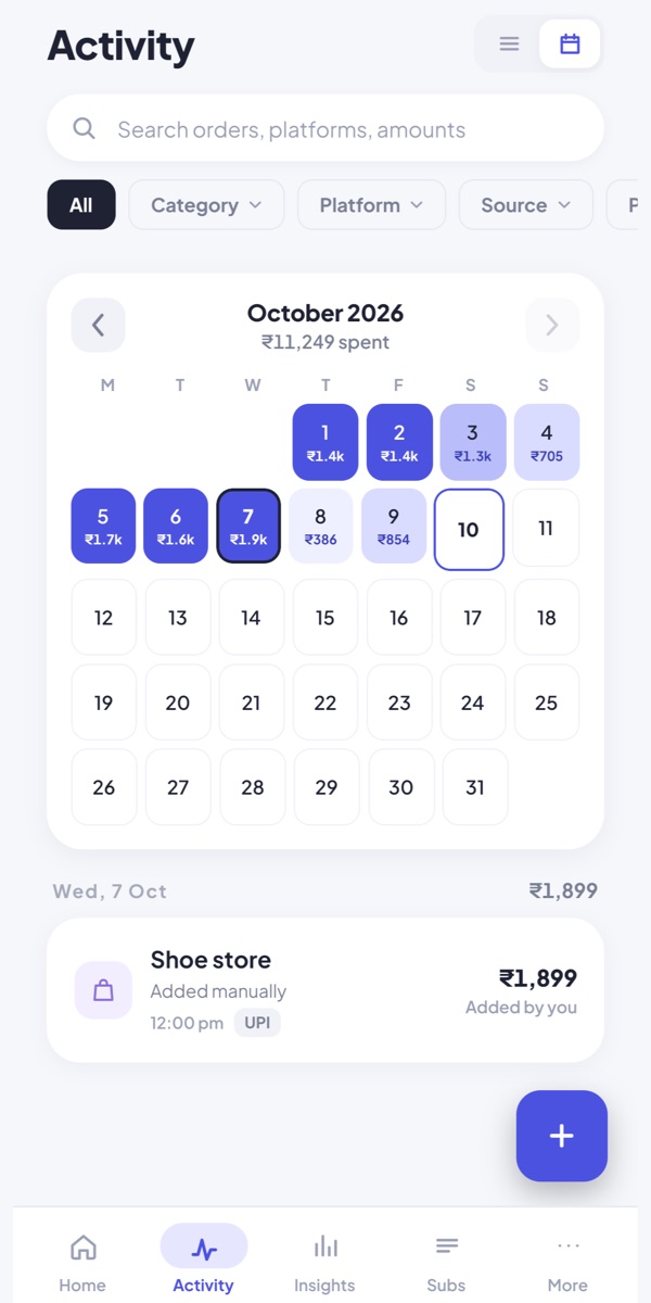 Activity screen with a calendar showing what was spent each day